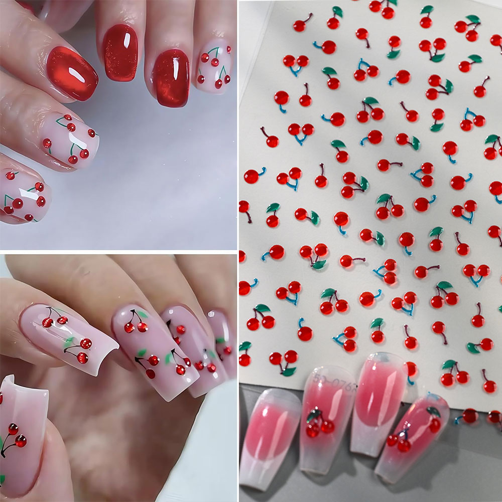 Nail Art Red Cherry - 1/2 個 5D かわいいレッドクリスタルチェリーネイルアートステッカーソフトゼリーサマーチェリーネイルデカール粘着性のある甘いフルーツネイルデコレーション