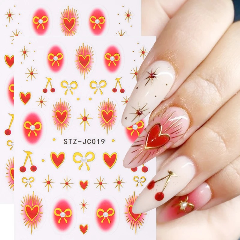 Nail Art Red Cherry - Y2K ブロンジングハートブラッシャーステッカー ネイルアート用 チェリーボウスターデザイン レッドインクブルーミング スイートバレンタイン