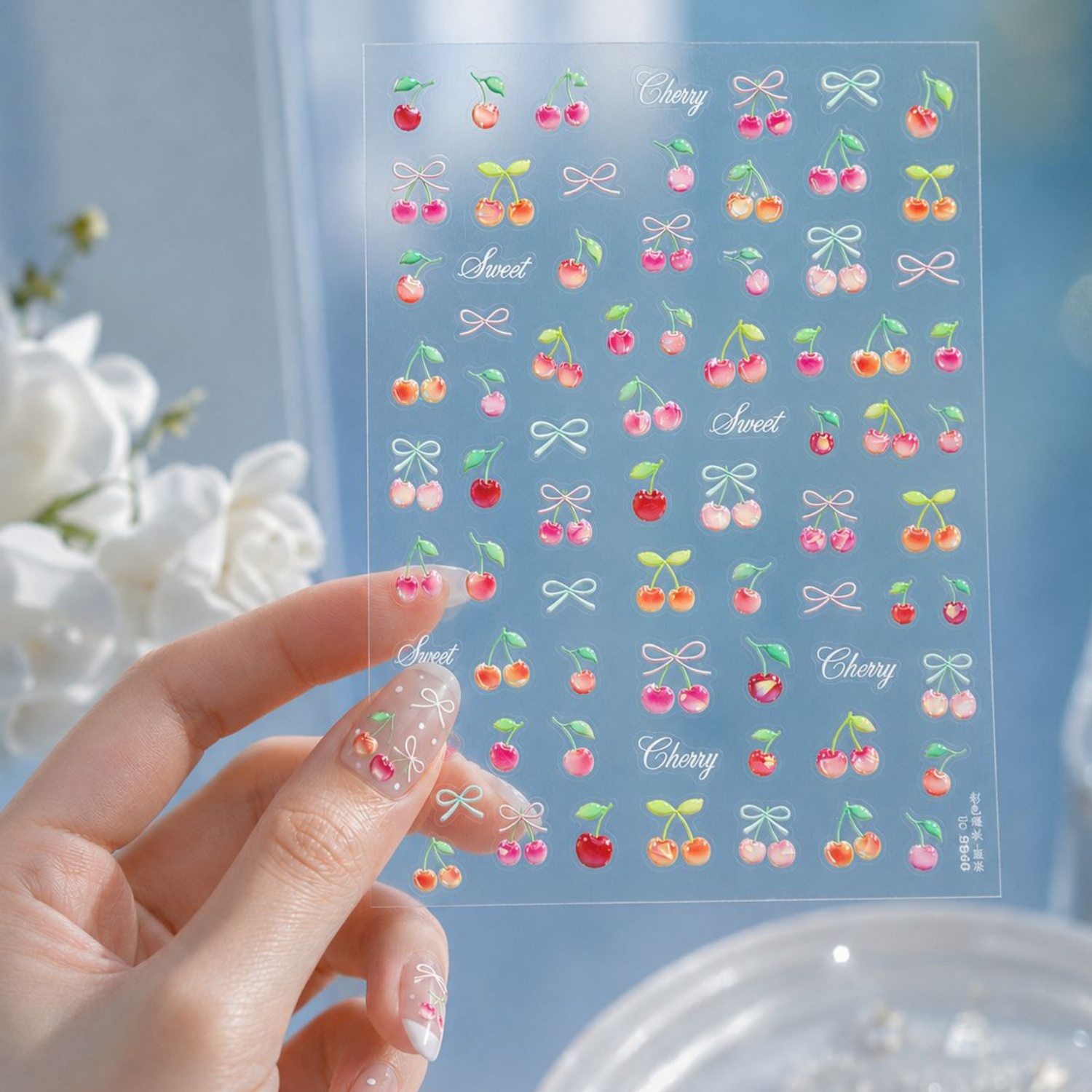 Nail Art Red Cherry - かわいいゼリー 5D ネイルアートステッカーフルーツ透明ツインレッドチェリーマッチングボウかわいいさわやかな自己粘着マニキュア用品
