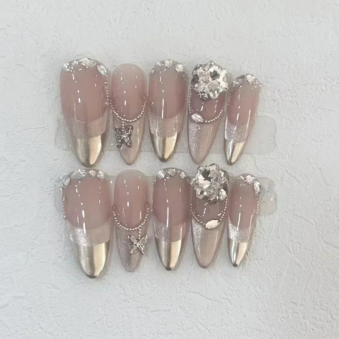 Nail Art Pink - 10 個手作りプレス爪フルカバー蝶ラインストーンデザインピンクアーモンド付け爪ウェアラブルマニキュアネイルのヒントアート