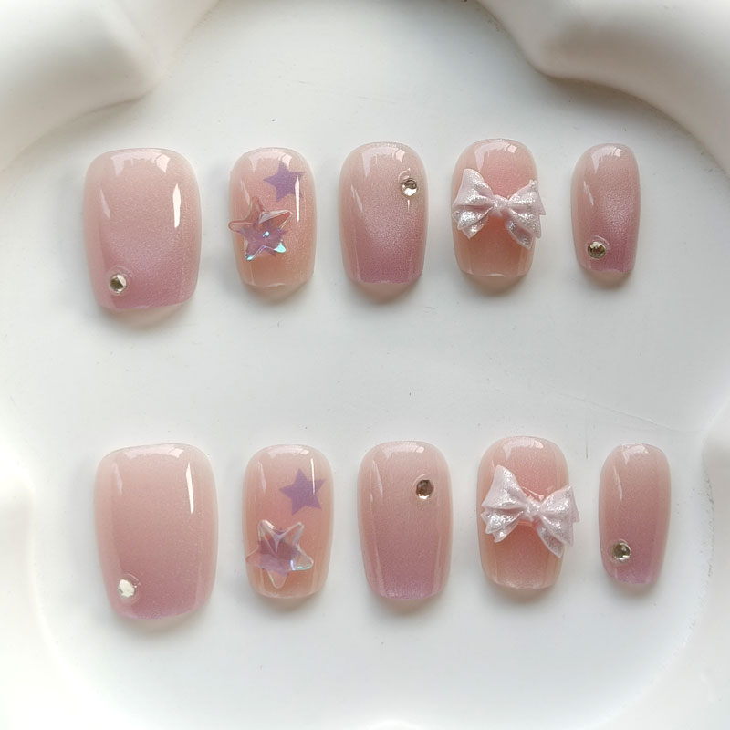 Nail Art Pink - 10個入り ティーンガールファッション キュートなピンクパープルのリボン付き ラブリーな3Dスターネイルアート つけ爪 フェイクネイル