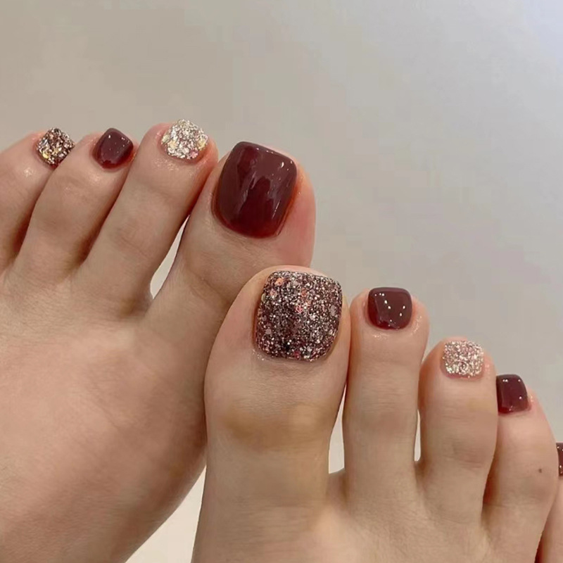 Nail Art Gliter - 24枚入り ワインレッド ショートスクエアヘッド トゥネイルチップ フルカバー グリッターデザイン