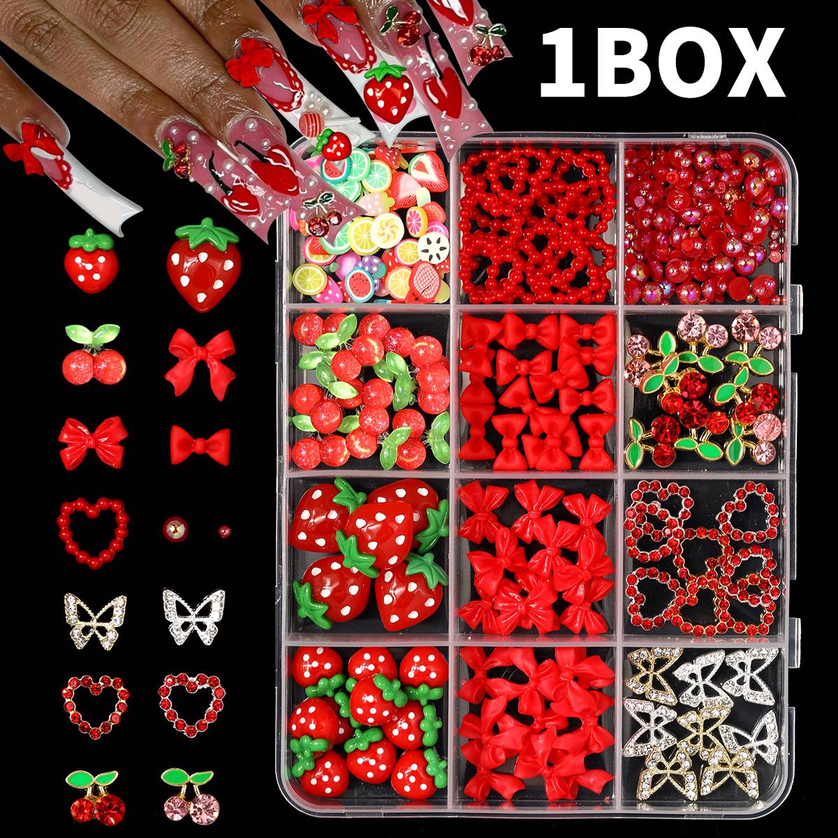 12グリッド3Dレッドチェリー/リボン/ストロベリー/パール - Nail Art Red Cherry のレビューと価格