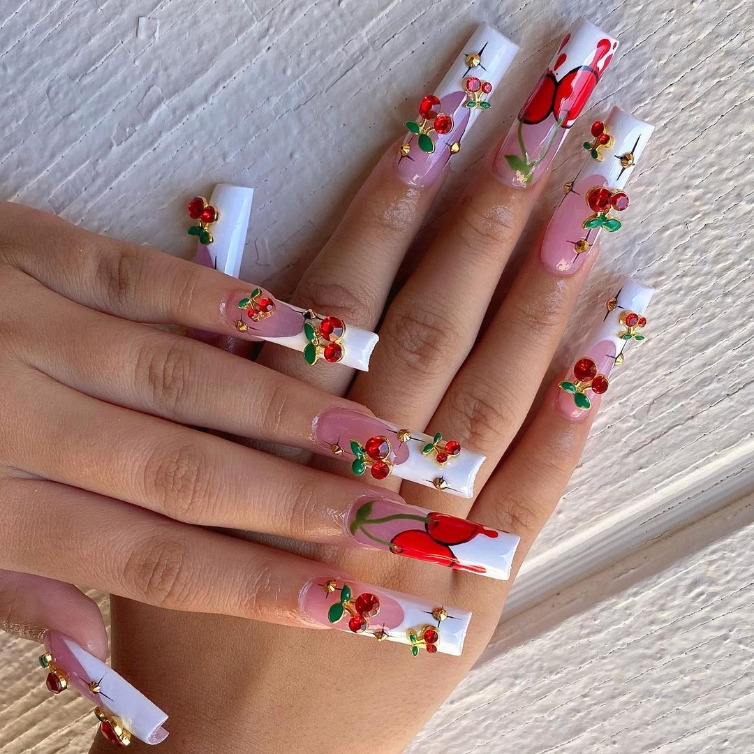 光沢のある金属ジルコンチェリーネイルチャーム、赤、ピンク、ラ - Nail Art Red Cherry のレビューと価格