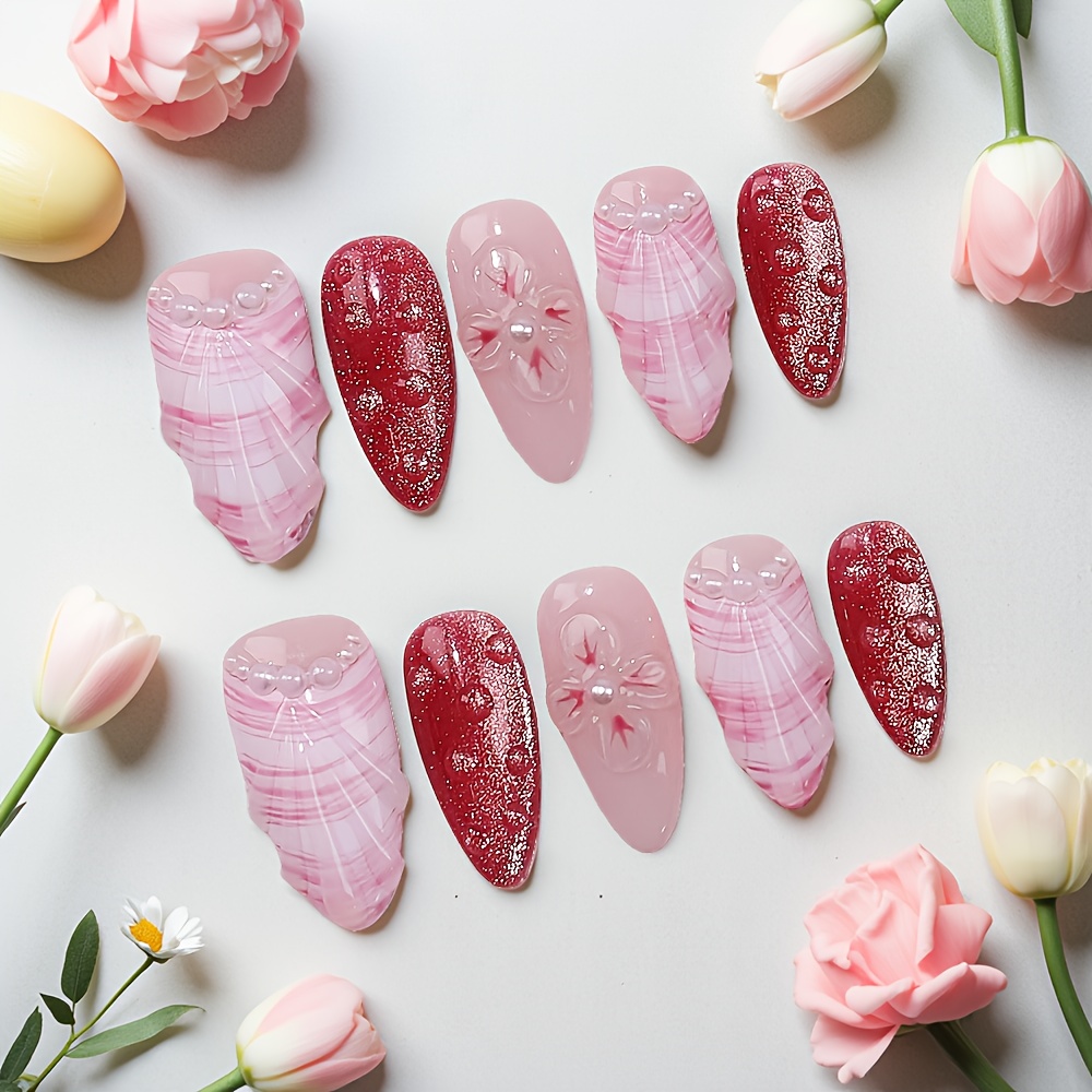 10個入りミディアムアーモンド型ハンドメイドつけ爪キット、ピ - Nail Art Pink のレビューと価格