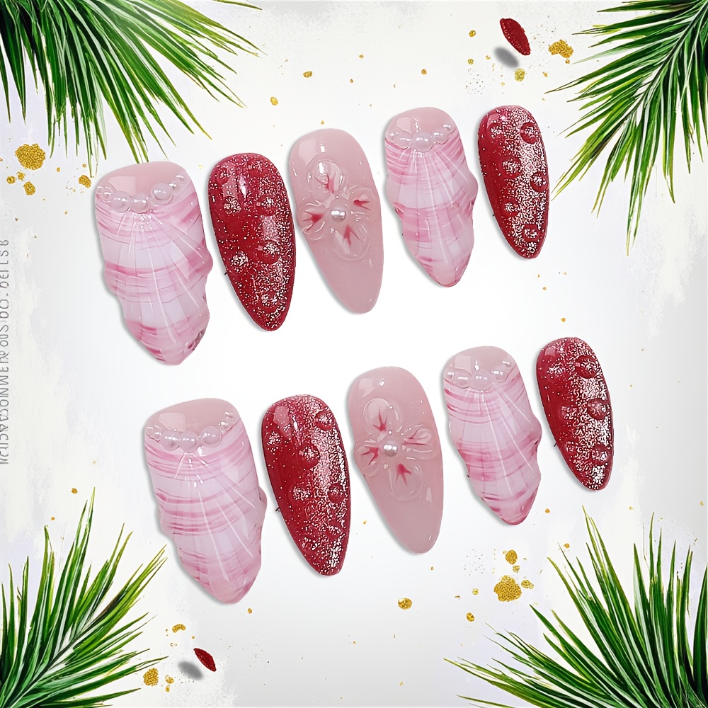 10個入りミディアムアーモンド型ハンドメイドつけ爪キット、ピ - Nail Art Pink のレビューと価格
