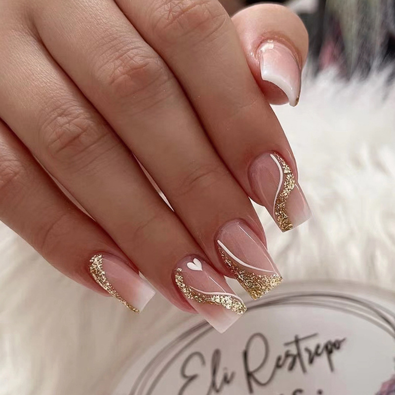 女性用ショートミディアムフェイクネイル、フレンチスクエアネイ - Nail Art Gliter のレビューと価格