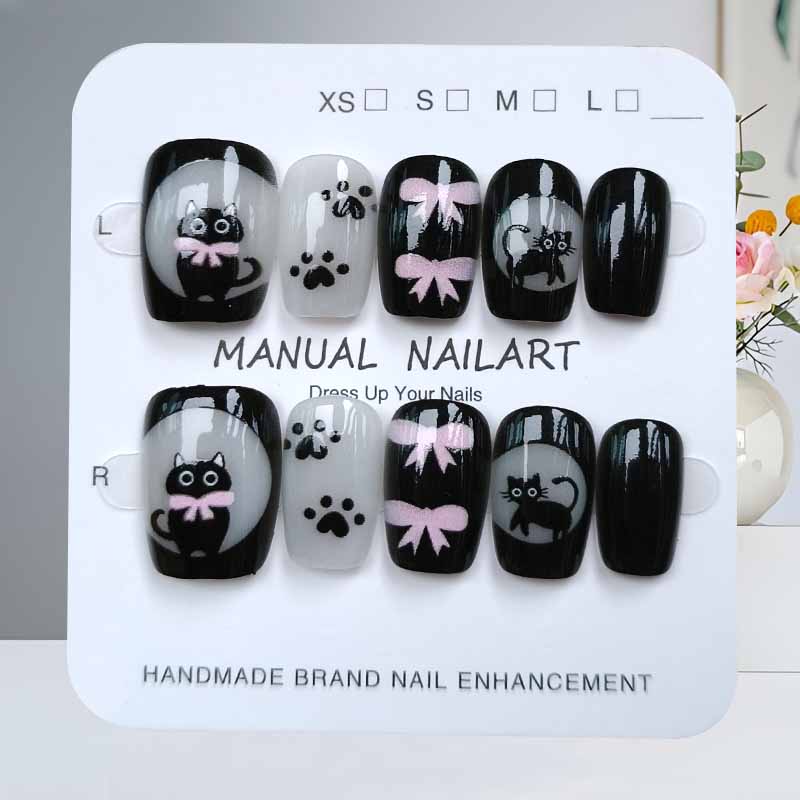 10枚入り 可愛い漫画 黒猫とピンクの蝶結び ハンドメイド  - Nail Art Pink のレビューと価格